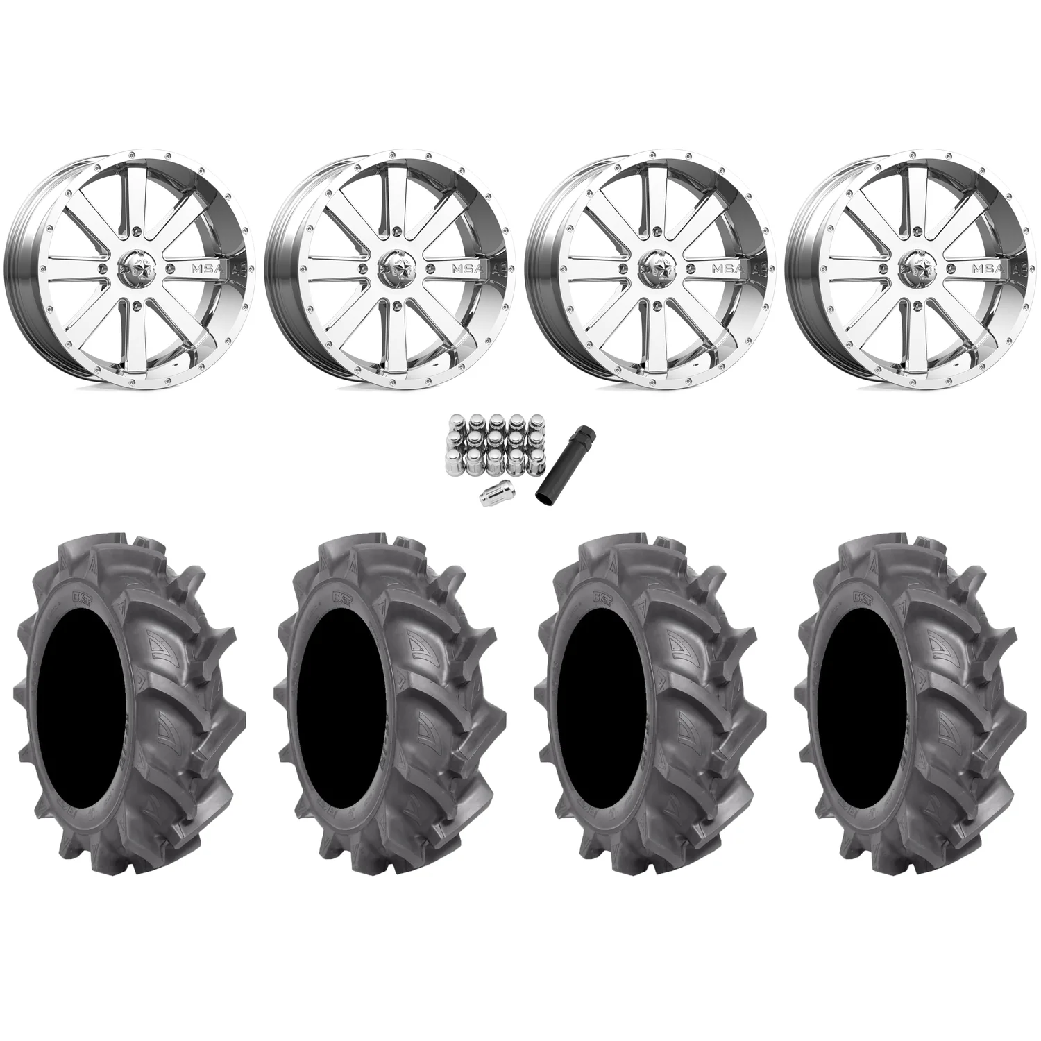 BKT AT 171 33x9-20 Tires on MSA M34 Flash Chrome Wheels